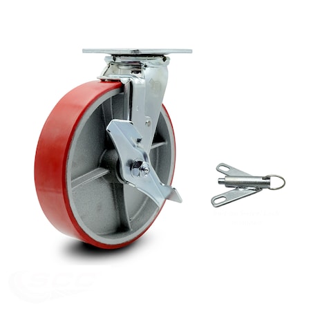 8 Inch Red Poly On Cast Iron Caster With Roller Bearing And Brake/Swivel Lock